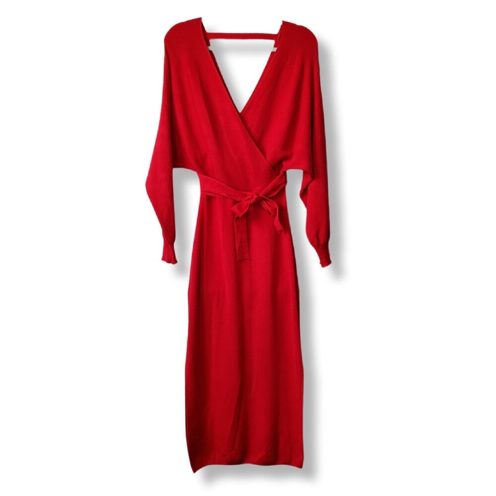 Classic Red LBD Sweater Midi Dress S Holiday Cocktail Bodycon Sexy Cozy NEW - Picture 2 of 13